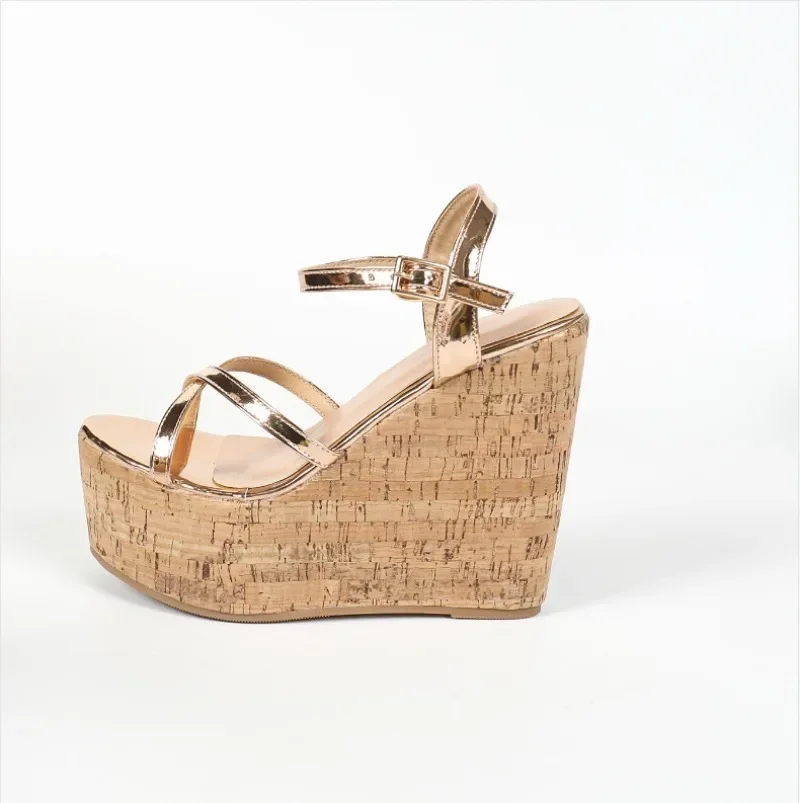 Summer Shoes for Women Sandals Platform Pumps PU 13CM Wedges Summer Buckle Strap Wood Grain One Character Strip Women Shoes