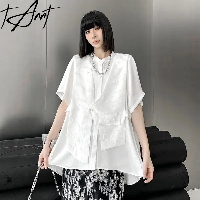 GetSpring Women Shirt 2024 Autumn Short Sleeve Fake Two Black White Ladies Blouse Fashion All Match Loose Casual Long Female Top