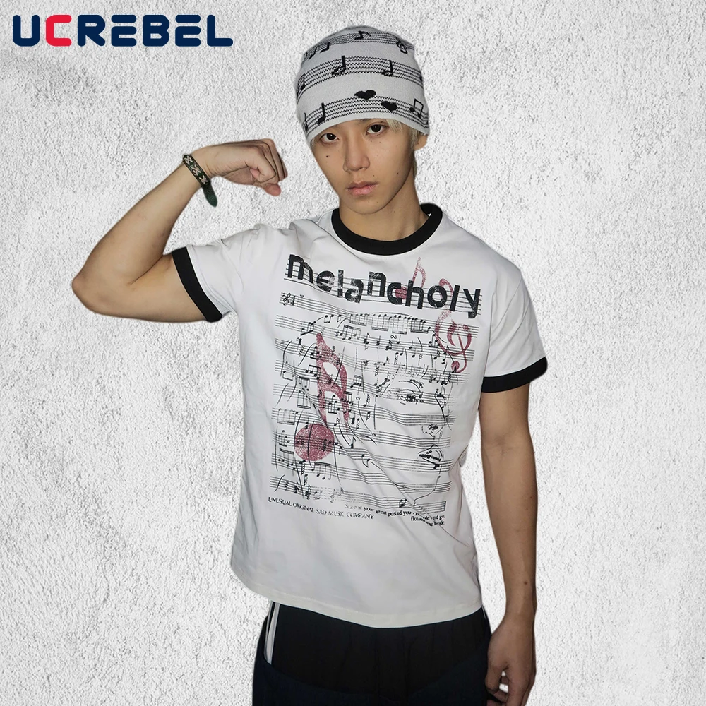 Music Note Print Short Sleeve T-shirt Mens Spliced Summer Y2k Streetwear Loose Crew Neck Cotton Tee Man Tshirt