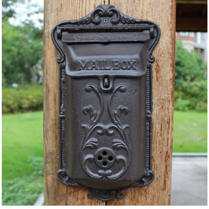 

European Retro Letter Mailbox Cast Iron Handicrafts Do Old Post Case Courtyard Wall Mounted Letter Box Home Garden Decoration