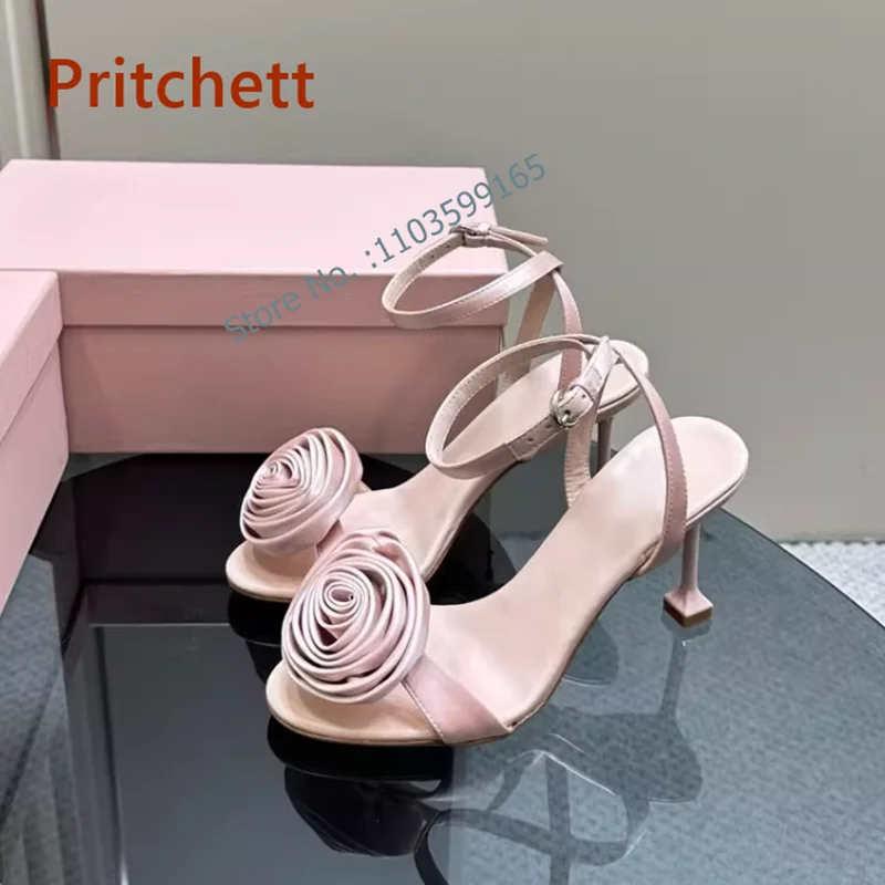 Solid Satin Rose Sandals Round Toe Buckle Strap Thin Heels Women\'s Shoes Ankle Strap Pink Black Summer Stiletto Shoes Luxury