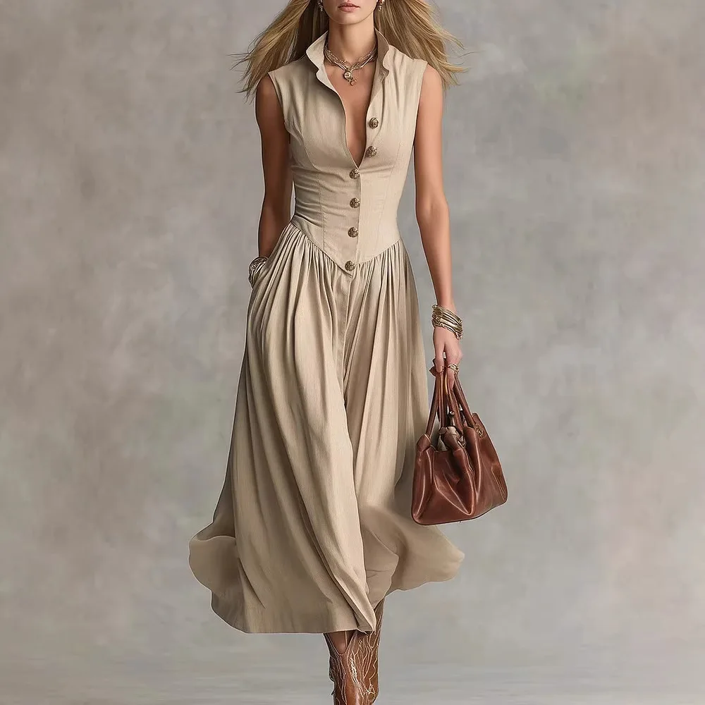 

Women's Elegant Sleeveless Shirt Dress 2026 New Vintage Stand Collar Single-breasted Midi Dress Office Chic Streetwear Vestidos