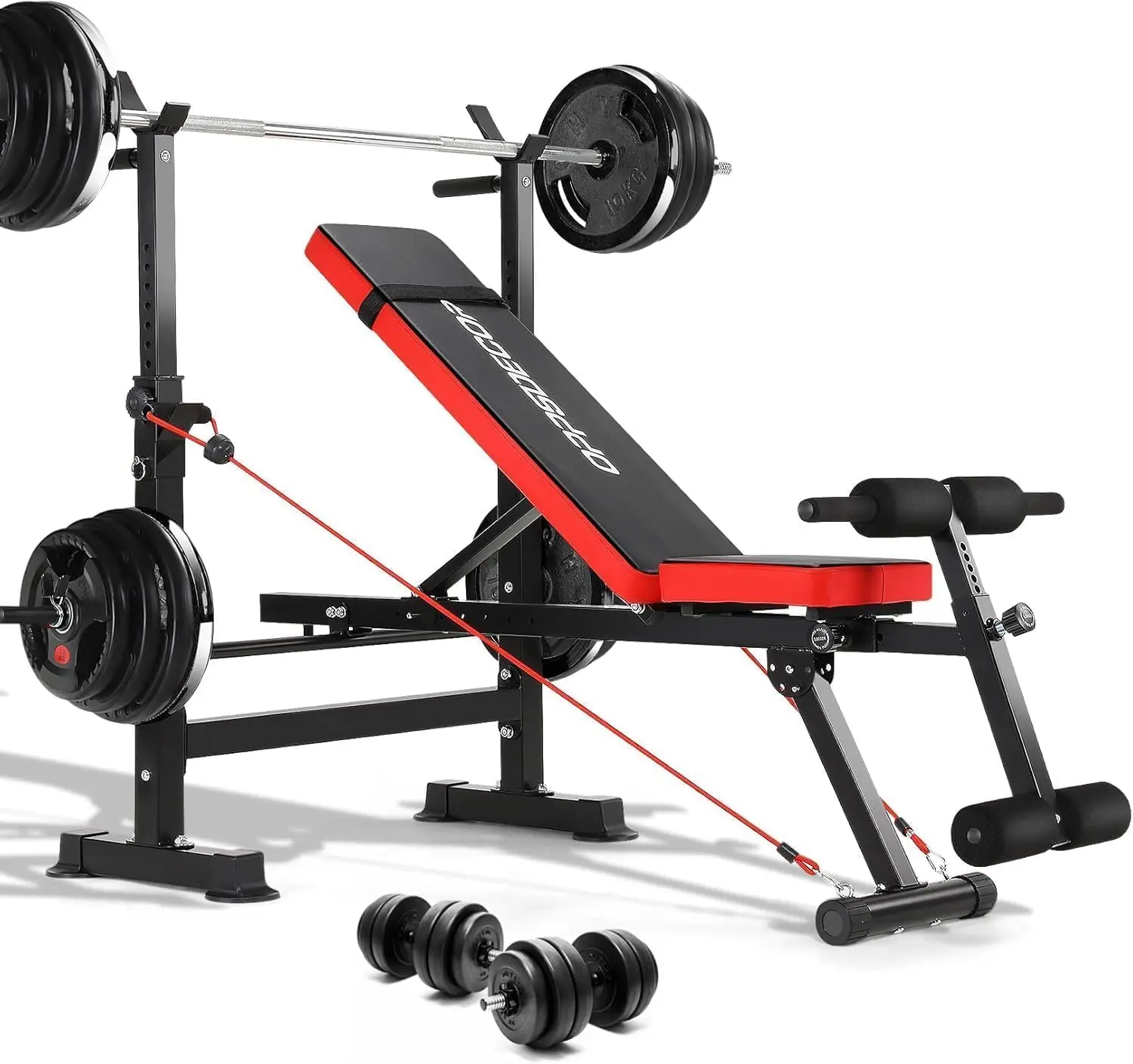 

Adjustable Weight Bench Set With Removable Rowing Leg Catch, 600LBS Foldable Bench Press Set with Squat Rack Flat Incline Sit Up