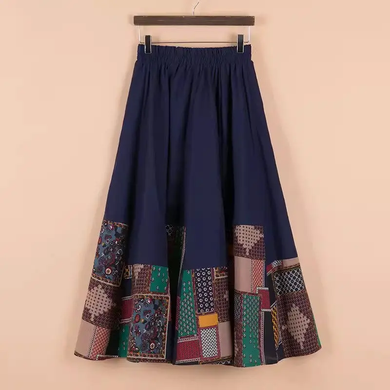 

Skirt Women's Summer Cotton And Linen Ethnic Style 2024 New Fashion Retro Printed Patchwork Dance Skirt Mujer Faldas K1830