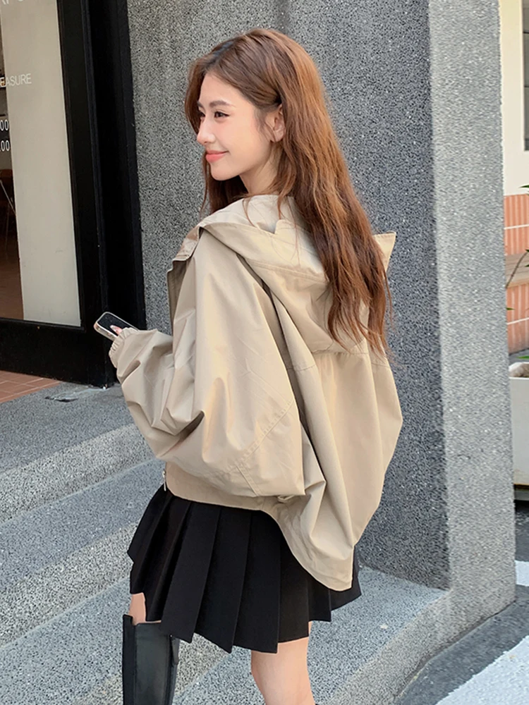 Korean Style Khaki Hooded Coat Jacket Women's Short Size Spring Autumn New Fashion Small Figure Popular Top Outerwear