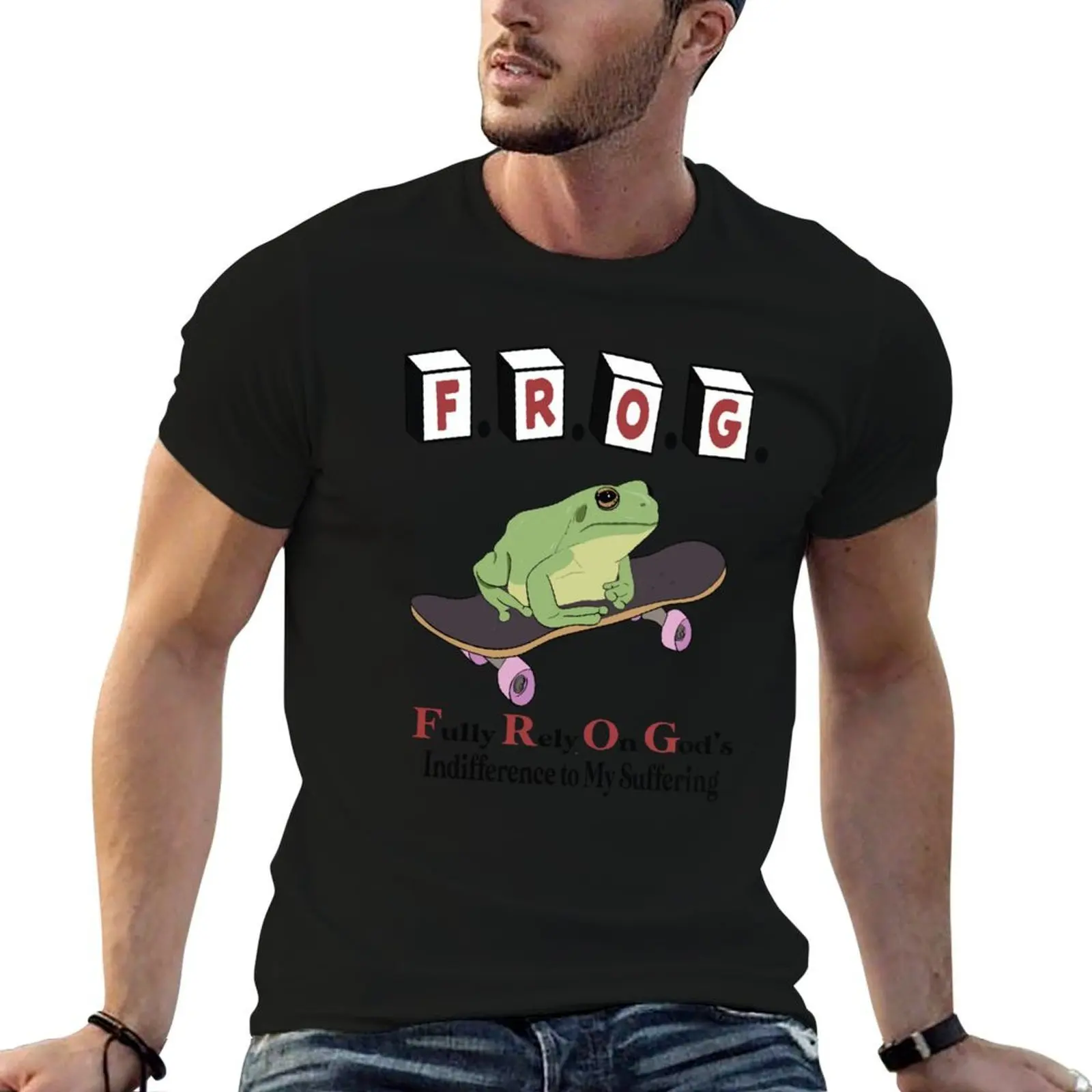 T-shirt Frog Fully Rely On God's Indifference To My Suffering, chemise basique décontractée en coton à manches courtes