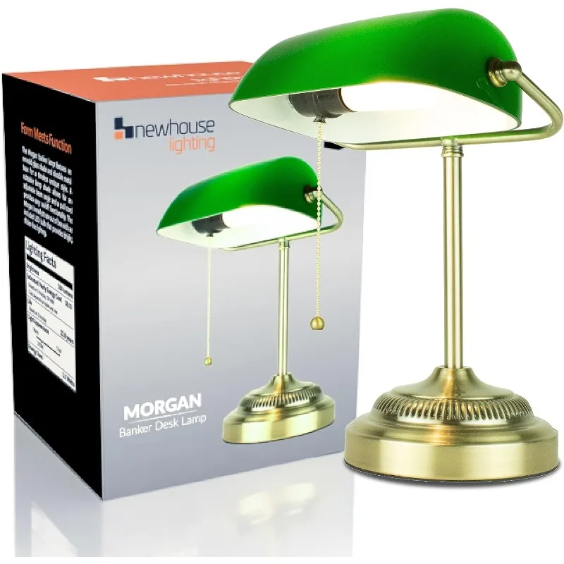 

Newhouse Lighting NHDK-MO-GOAZ Morgan Antique Green and Brass Glass and Metal Adjustable Classic Banker Lamp | Compatible with E