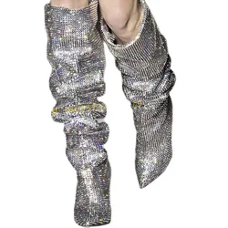 Luxury Crystal High Boots Pointy Toe Sparkling Wedge Women's Boots Ladies Bling Spring Fashion Brand Studded Pleated Long Boots