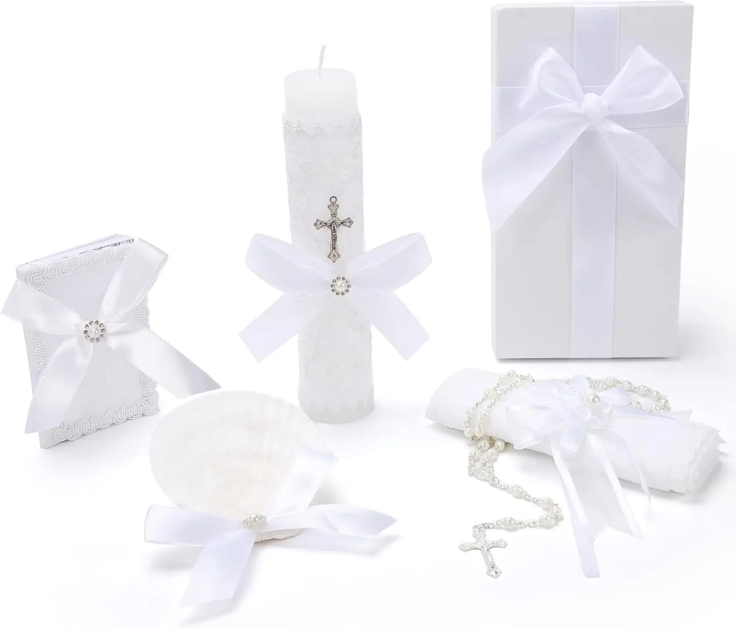 

Baptism Candle Set for Boys and Girls,White 5 PCS Baptism Kit Catholic Candle,Baptismal Towel,Shell