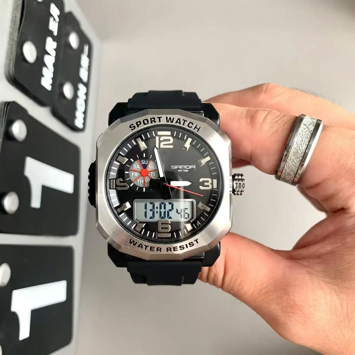 Square Sports Men's Watches Waterproof Electronic Watch Alarm Clock Chronograph 6-digit Timing Function Large Dial Luminous