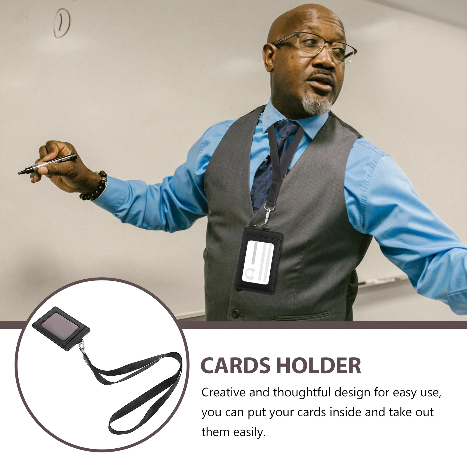 

ID Card Holder with Lanyard Badge Plastic PU Work Student Portable Multi-Function Cards Cover Lightweight Compact