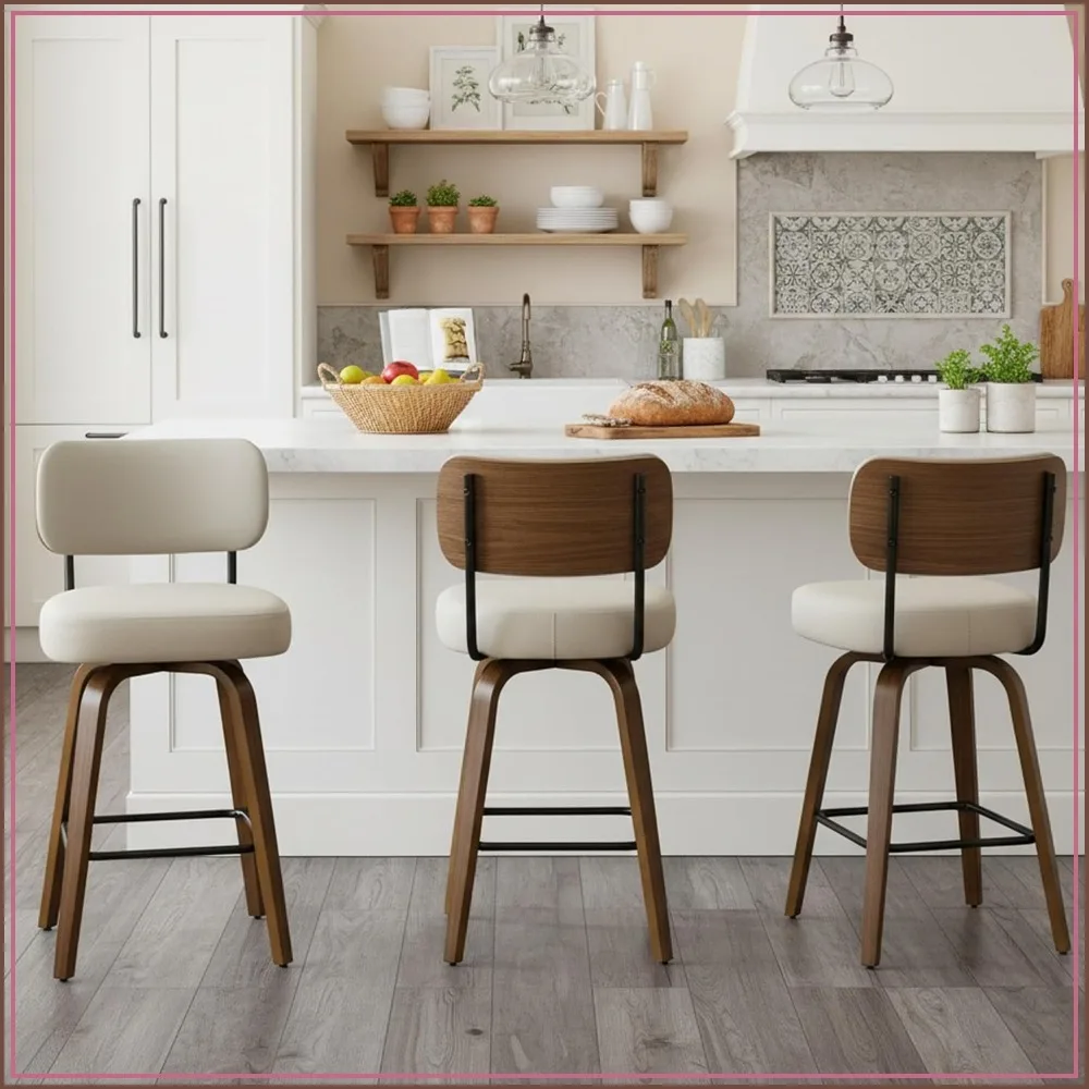 Swivel Bar Stools Set of 3, 26 Inch Counter Height, Beige Grey