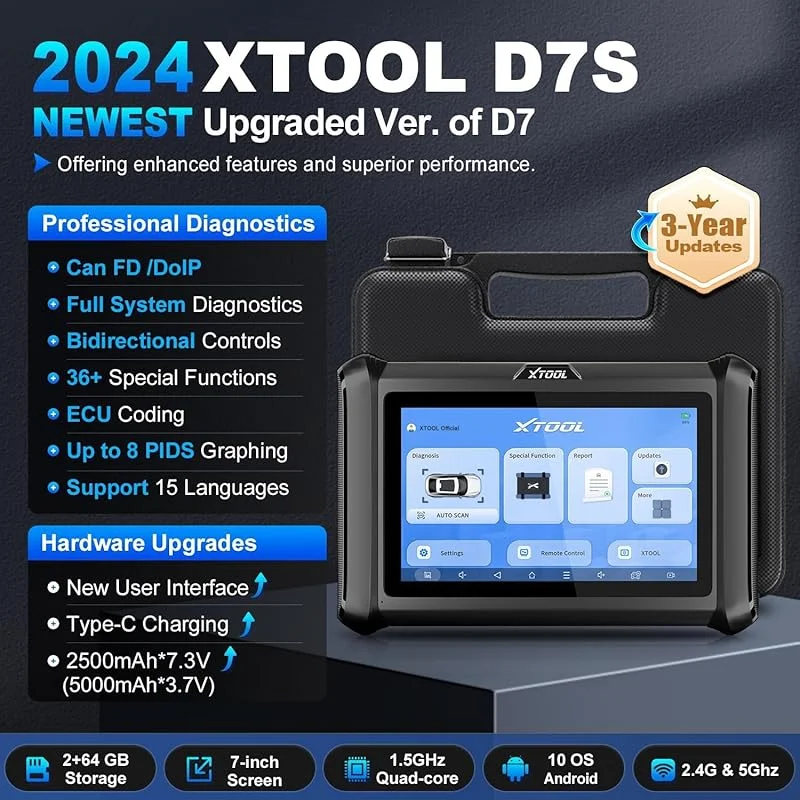 XTOOL D7S Semua Alat Diagnostik Sistem Pengodean ECU Pemindai Dua Arah Alat Pemrograman Gantungan Kunci DoIP & CAN FD 2024 Versi Terbaru XTOOL D7