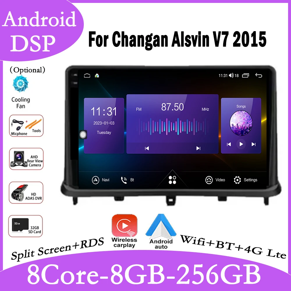 9'' Android 14 For Changan Alsvin V7 2015 Car Auto Radio Speler Draadloze Carplay Bluetooth Dab SWC Multimedia Stereo Screen