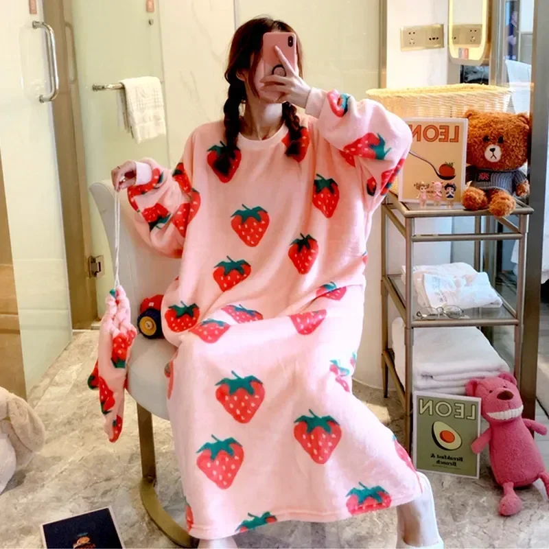 Warm Big Negligee Lounge Dress Thick Sleepwear Nightgowns Flannel Size Winter Coral Kawaii Long Gowns Wear Women Fleece Pajamas