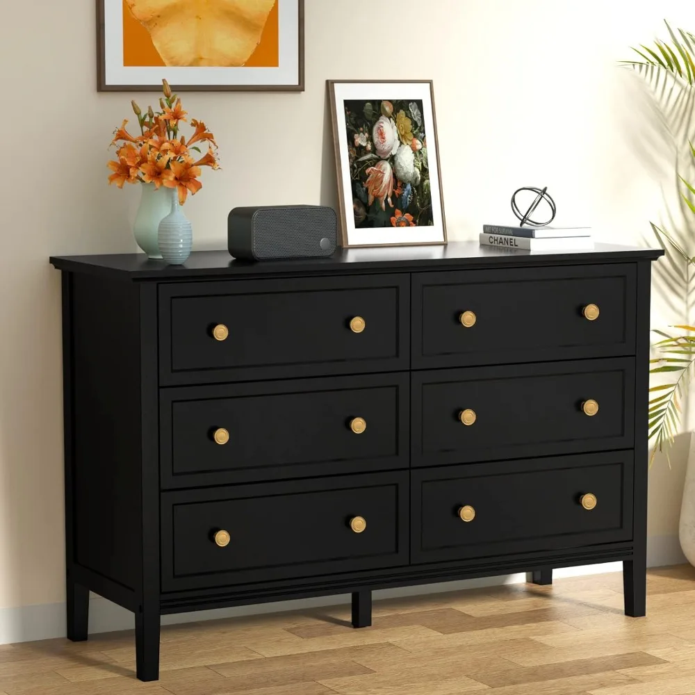 

Black Dresser for Bedroom, Modern 6 Drawer Double Dresser with Wide Drawers and Metal Handles, Wood Storage Dressers & Chests