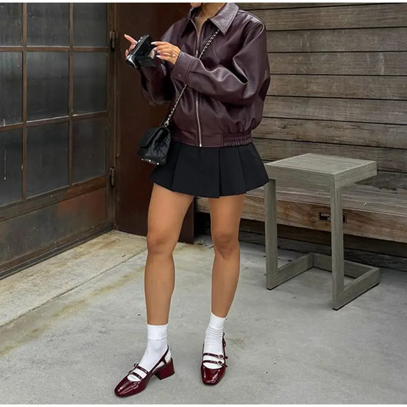 Street Sle Long Sve Rits Leer Jaet Bovenkleding Faionable Commuter Damesjas Pure Kleur PU Materiaal voor Midden-...