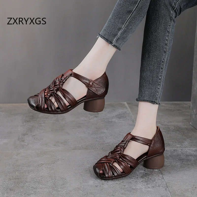 ZXRYXGS Top Cowhide Woven Hollow Breathable Women Genuine Leather Sandals 2026 Summer Round Toe Elegant Modem Sandals High Heels view 5