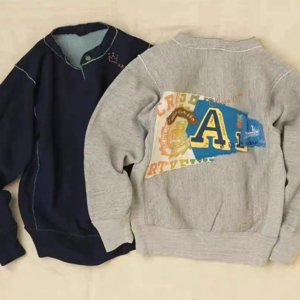 

Couples round Neck Sweatshirt Japanese Style Front Back Embroidery Patch Side Stitch Loose Fit Long Sleeve Commute Style