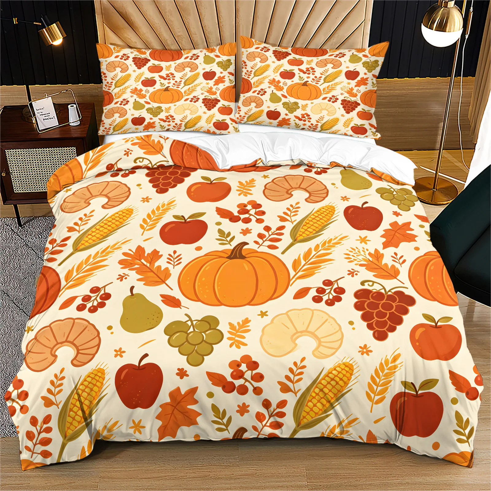 Thanksgiving Fall Harvest Duvet Cover Set Cartoon Pumpkin Corn Fruit Maple Leaf Print Bedding Set Quilt Cover with Pillowcases