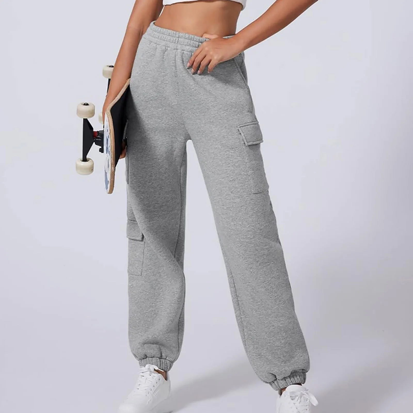 Autumn Winter Women's Solid Warm Sweatpants Versatile Casual High Waisted Elastic Trousers Fleece Lined Straight Leg Sweatpants