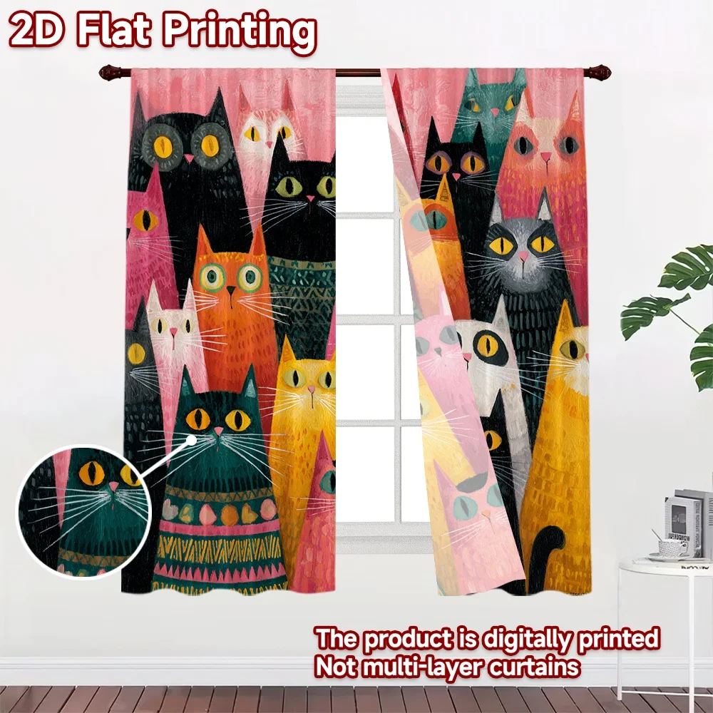 2D Flat Printing,2pcs Colorful Cat Gathering Chic Curtain Fabric Versatile 100% Polyester Curtains Home Decor Perfect for Living