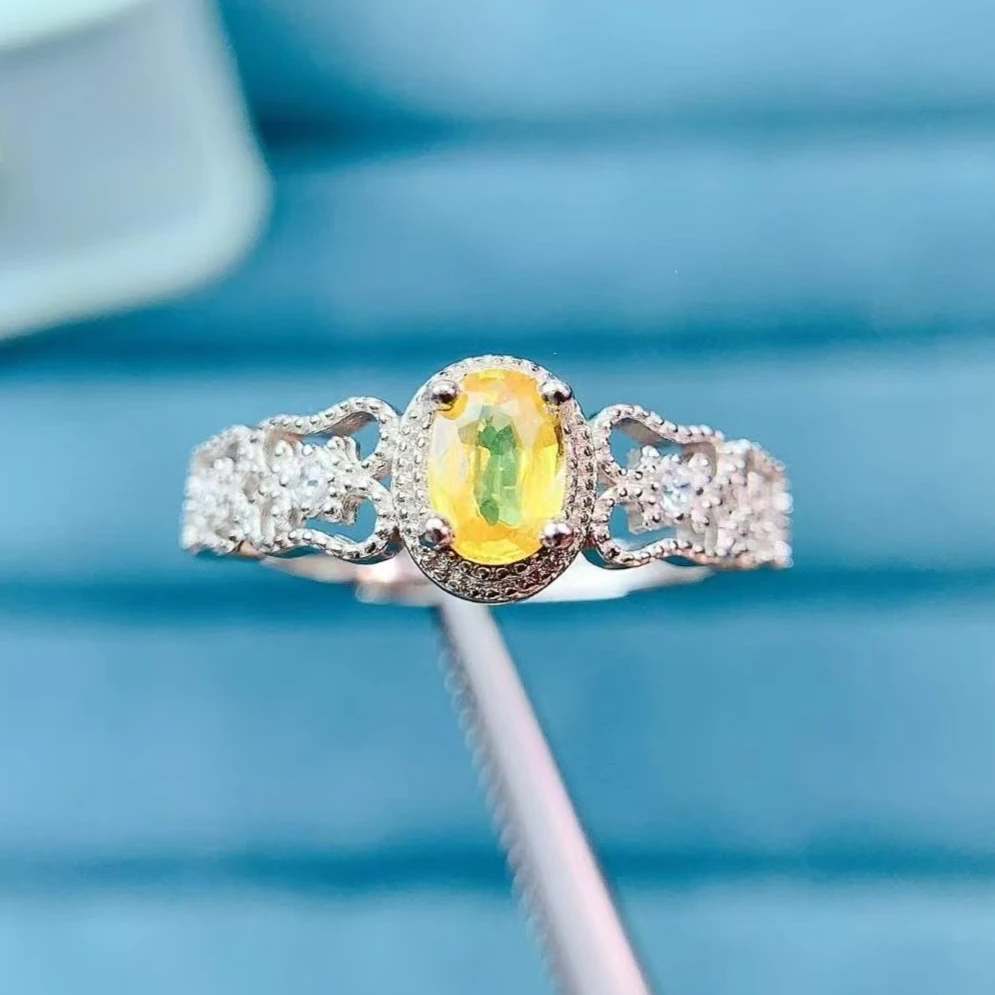 

925 Sterling Silver Natural 4x6mm Yellow Sapphire Ring Certified Genuine Silver Fine Jewelry Lace Filigree Halo Gemstone Ring