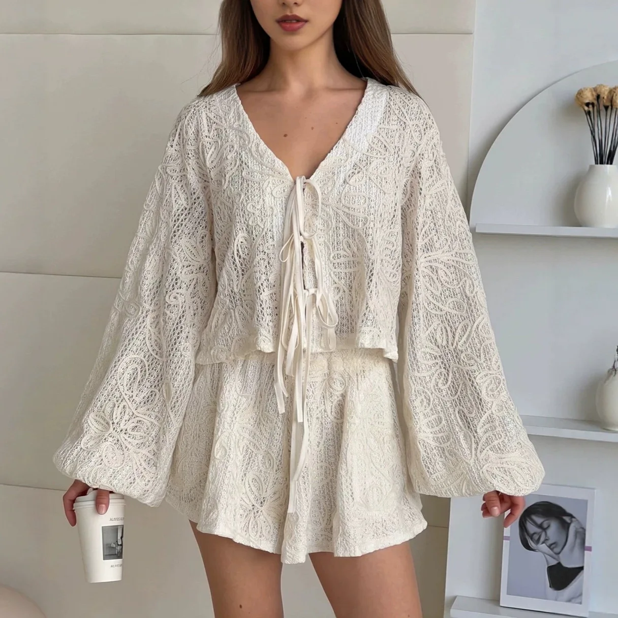 

Women's Casual Vacation Two-piece Short Set Summer New Minimalist V-neck Bandage Cardigan Top+Wide Leg Shorts