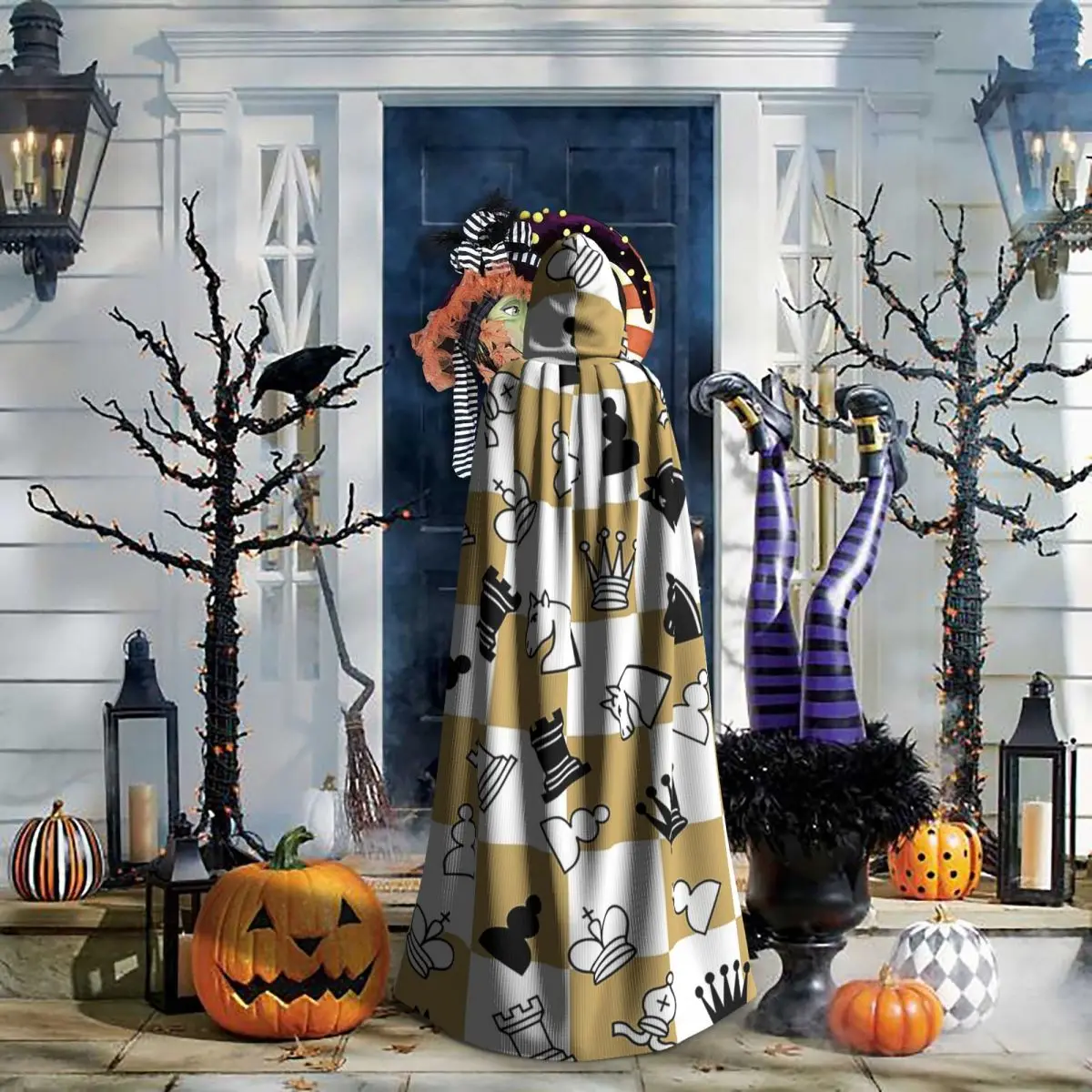 Capa larga con capucha de ajedrez, disfraz Medieval de bruja, capa de Cosplay, Halloween, vampiro, adulto, Unisex