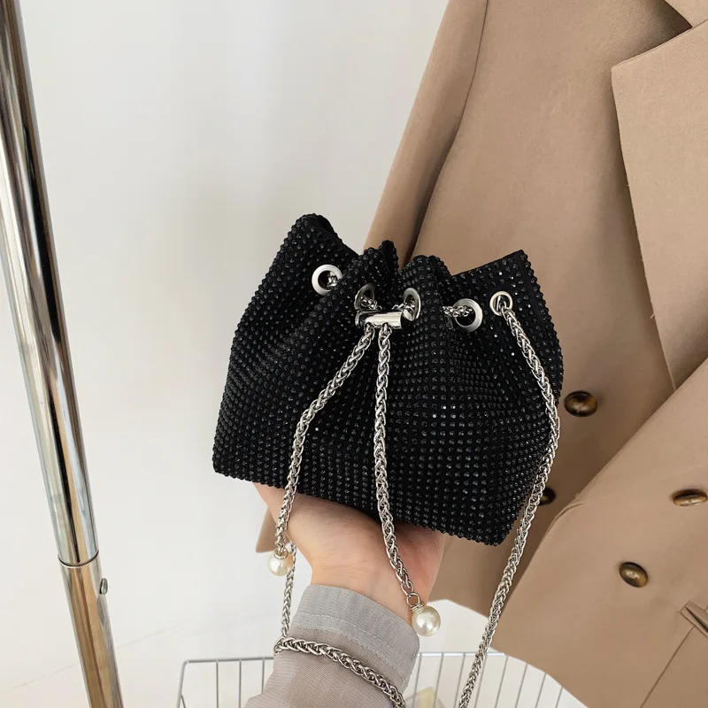 Women Fashion Diamonds Rhinestone Bucket Bags Retro Pearl Chain Ladies Shoulder Bags Shiny Small Crossbody Bags Female Handbags