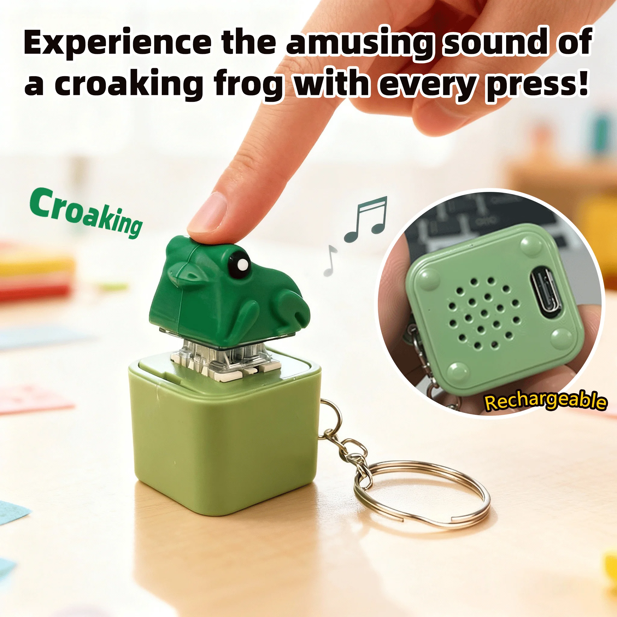 NEUER Schlitzender Frosch-Schlüsselanhänger, wiederaufladbarer Frosch-Tastatur, Fidget-Clicker, Frosch-/Reisendensound-Schlüsselanhänger mit LED-Licht zur Stressabbau