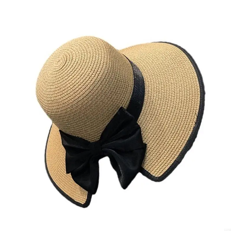 قبعة شمسية من القش قابلة للتنفس، تصميم أنيق على شكل فيونكة، قبعة واسعة الحواف للمناسبات الخارجية