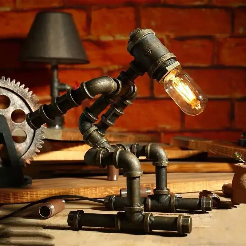 

Industrial Pipe Robot Desk Lamp - Vintage American Iron Tube for Cafe Bar, Creative Steampunk Decor