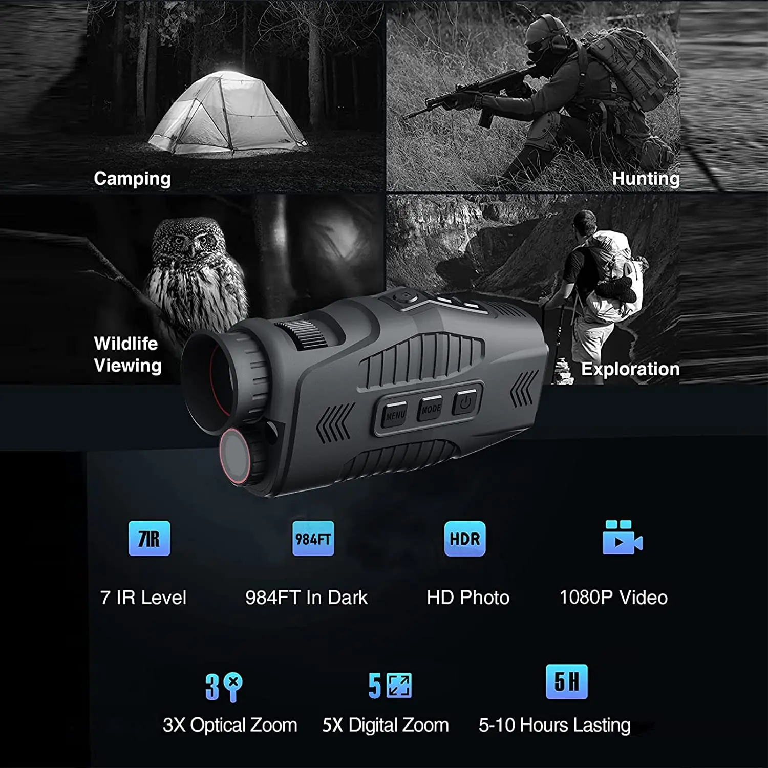 جهاز رؤية ليلية بالأشعة تحت الحمراء للصيد ، R11 P أحادي العين ، استخدام نهاري وليلي ، صورة فيديو ، 5X رقمي ، m مسافة عرض مظلمة كاملة #3