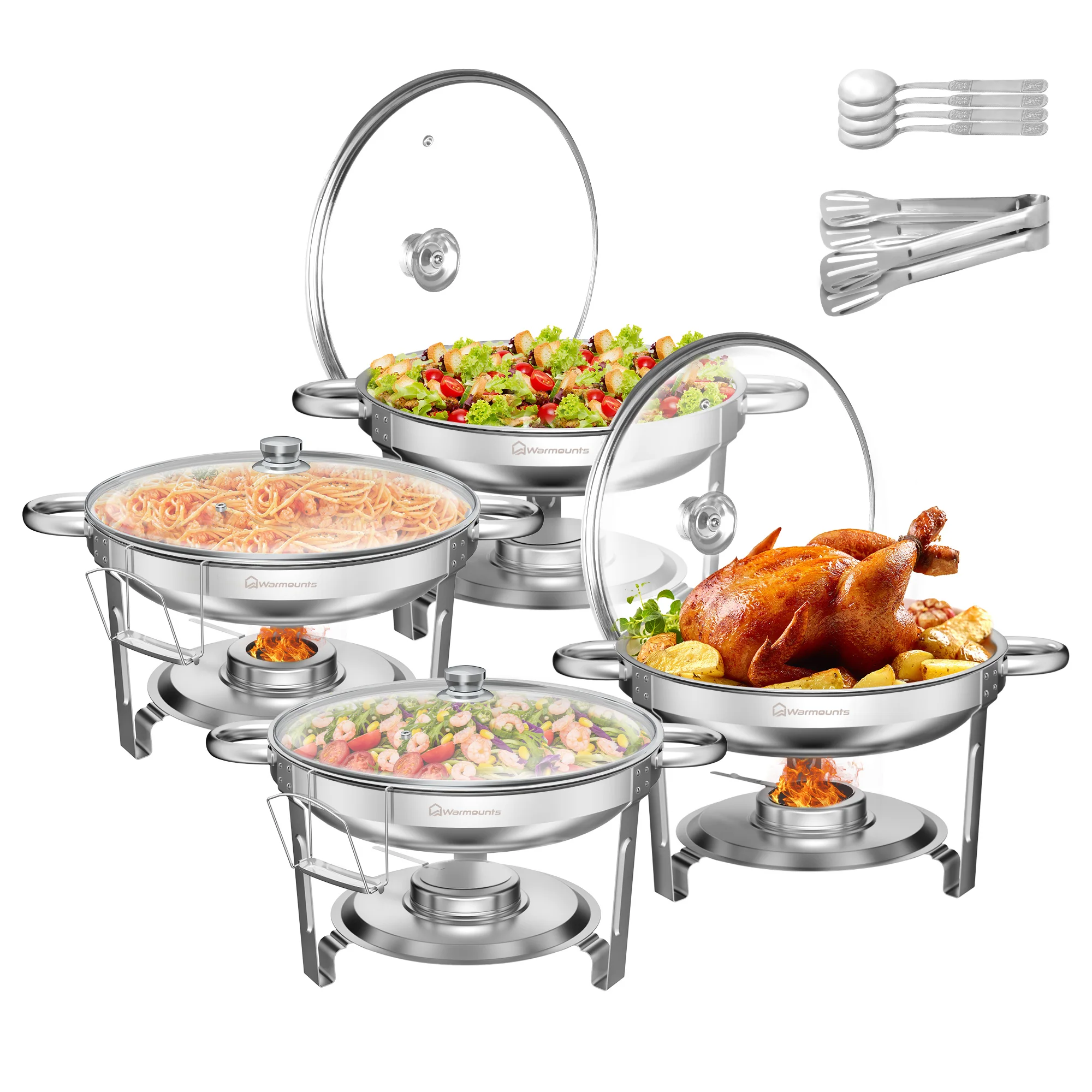 4 Packs 5 QT Round Chafing Dish Buffet Set Stainless Steel Chafing Dishes with Glass Lid & Holder Food Warmer for Parties Events