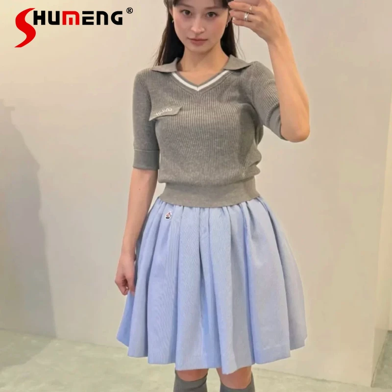 

2026 Summer Japanese New Sweet Blue Striped Skirt for Women High Waist Slim Elastic Waist Casual Skirt Office Ladies Short Skirt