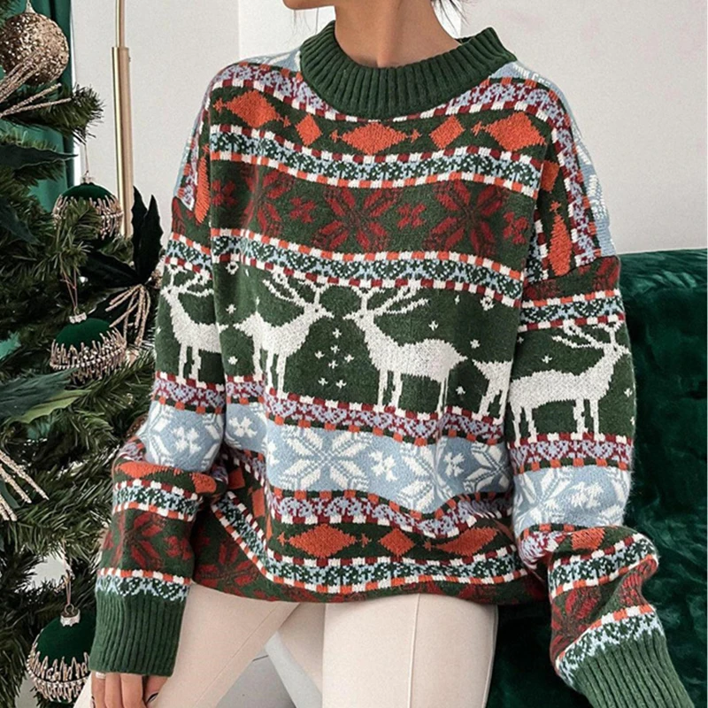 Women Allover Print Christmas Sweater 2024 Winter Casual Loose Full Sleeve Knitwear Oversized Jumper Warm Soft Xmas Look Clothes