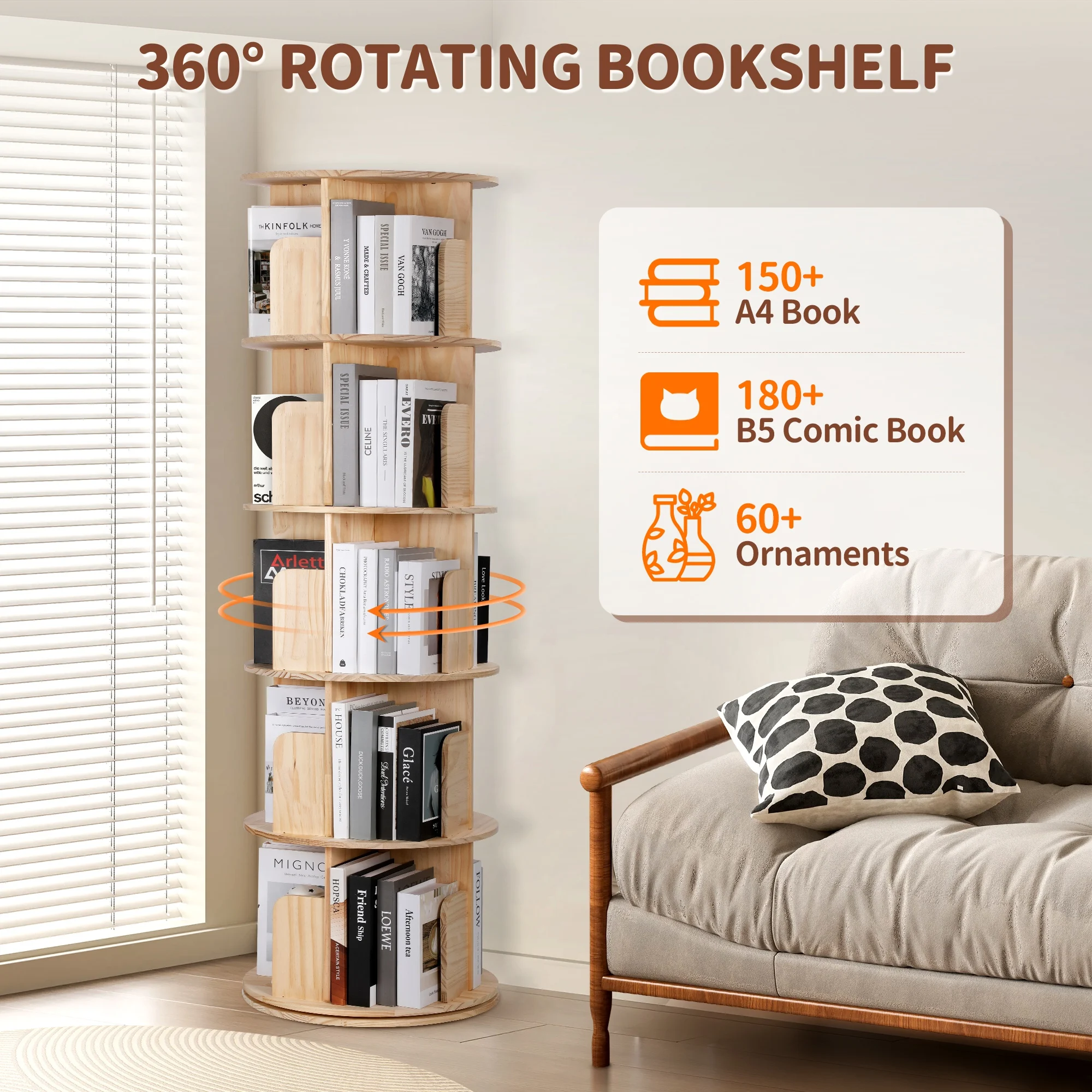 

Rotating Bookshelf Tower 5 Tiers Floor Standing Bookcase Storage Rack Round with Detachable Feet for Small Space Bedroom Living
