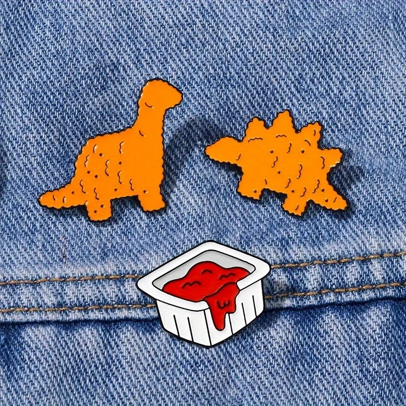 3-Piece Cute Dinosaur Enamel Pin Set – Cartoon Chicken Nugget with Dipping Sauce, Quirky Brooch Badge for Jackets, Bags, Gift