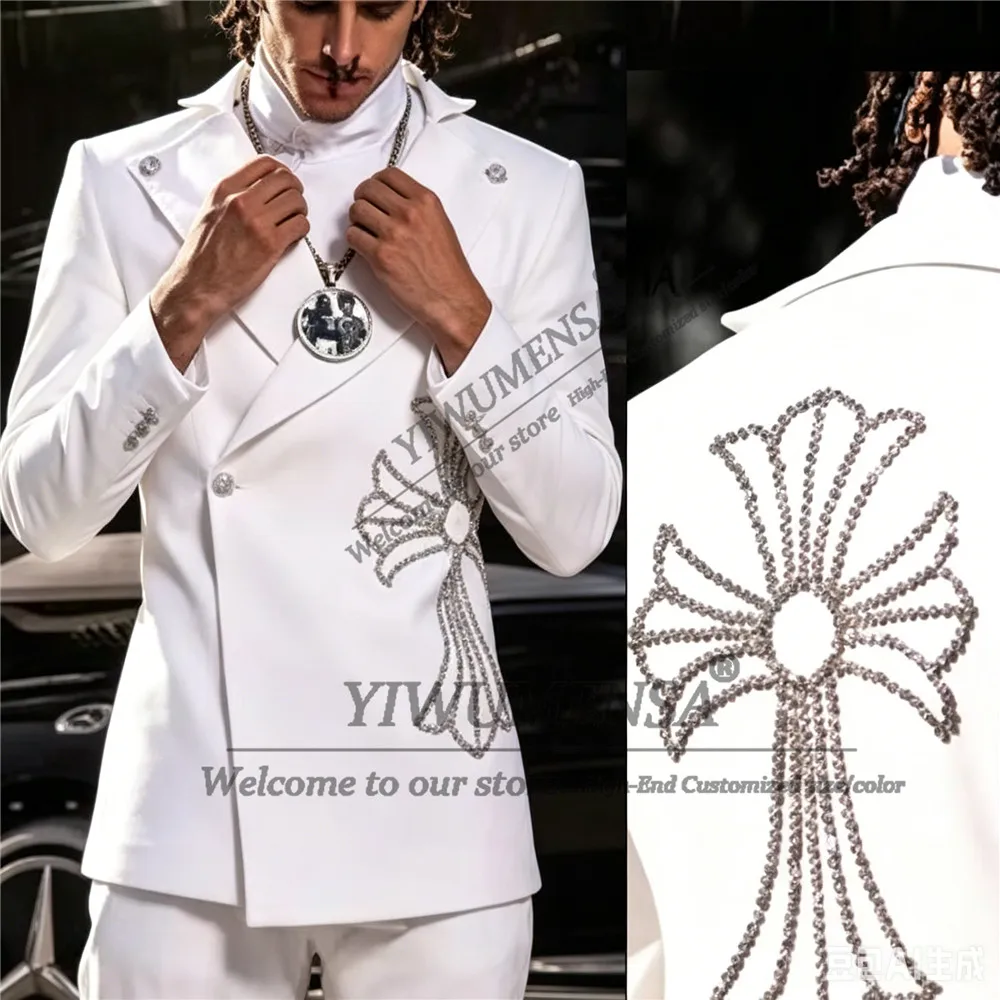 Unique Design Suit Men For Wedding Diamond Beaded Prom Blazer Pants 2 Piece Sets Groom Formal Wear Tuxedos Male Fashion Outfits