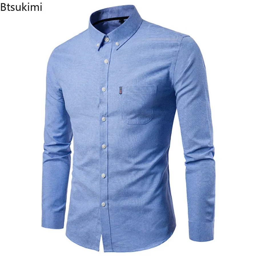 2025 Oxford Cotton Shirt Men Solid Casual Slim Fit Stand Collar Mens Formal Dress Shirts Long Sleeve Party Shirts Male Camisetas