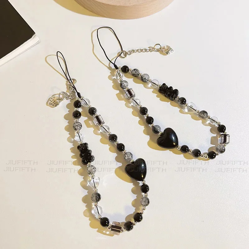 

Black Love strawberry Cute Bear Chain Charm Wrist Strap keycord Cellphone lanyard Girl Keychain Mobile Phone Case Hanging Chain