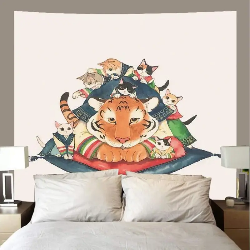 VIKAMA Assorted Cats Sketch Doodle Horizontal Tapestry Wall Hanging for Home Aesthetic Cozy Chic Elegant Modern Home Decor
