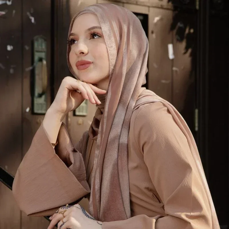 Fashion Plain Satin Stripe Silk Shimmer Hijab Scarf Muslim Woman Hijab Shawls Islam Woman Long Wraps Femme Headband Pure Turban