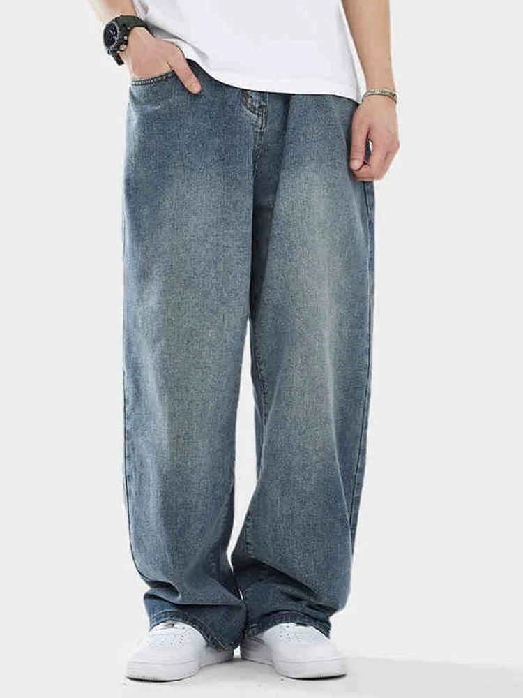 Blue American Fashion Brand Loose Straight Leg Men's Jeans Retro Japanese Style Spring Autumn Casual Wide Leg Long Trousers