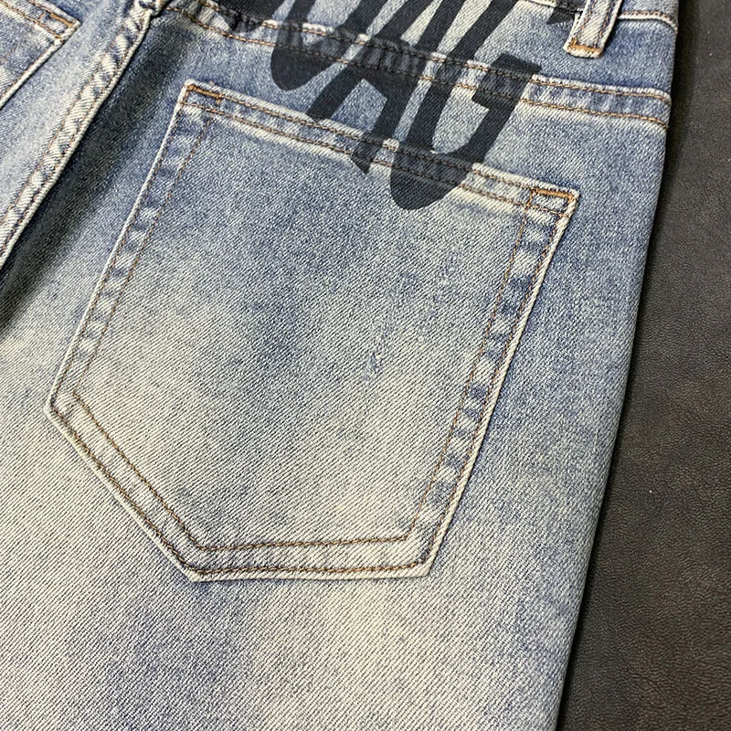 2024New Retro Washed Straight-Leg Denim Trousers Men's Fashion Printed Street Design for Spring and Summer Men's Clothing