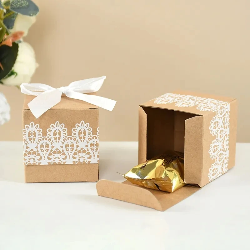 10Pcs Square Kraft Paper Candy Box With Rope Wedding Favor Lace Chocolate Box For Birthday Baby Shower Party Gift Pakcing Decor