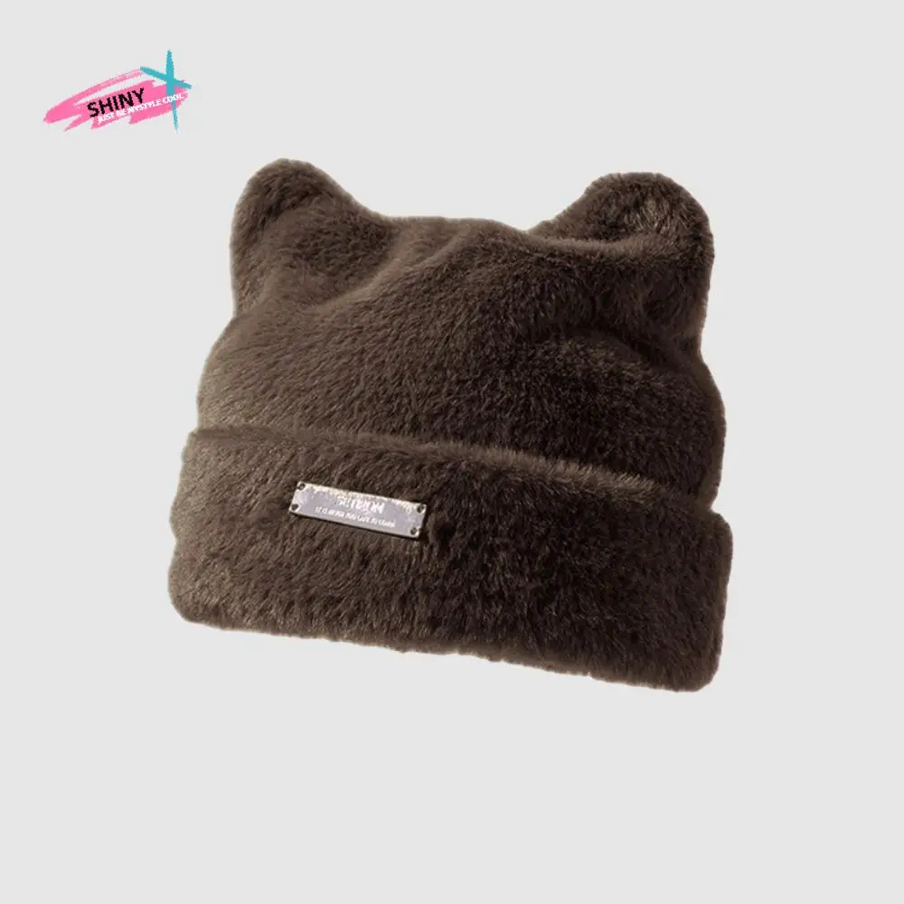 

Cute Fluffy Cat Ears Hat Bear Ears Beanie Knitted Cap Woolen Hat All-match Winter Plush Hat Streetwear