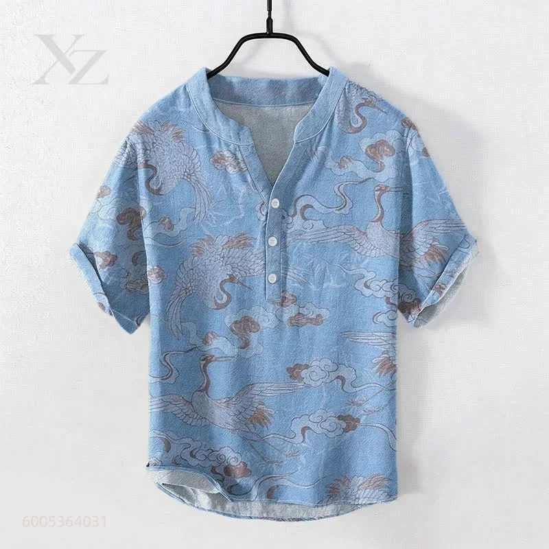 Men's Short-Sleeved POLO Shirt with All-Over Crane and Auspicious Cloud Print, Stylish Beach Vacation Top