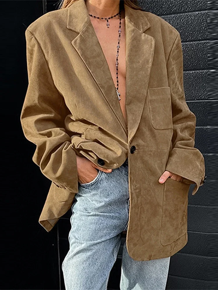 

Office Lady Blazer Coat Fashion Brown Single Breasted Suede Female Jackets Vintage Autumn Long Sleeve Turn-down Collar Outwear